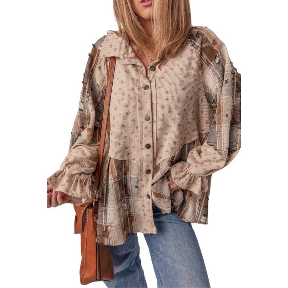 Waffle Knit Button Down Shirt with Ruffled Sleeve Floral and Plaid pattern - Picture 1 of 1